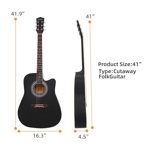 Glarry GT502 41-Inch Spruce-Top Folk Guitar with Accessories - Matte Black