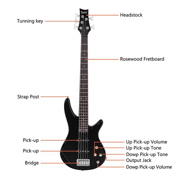 Glarry GIB 5-String Electric Bass Guitar With Accessories - Black
